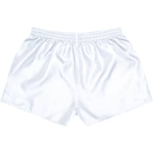 White rugby shorts with an elastic waistband and a smooth, shiny finish. Features a logo on the back.