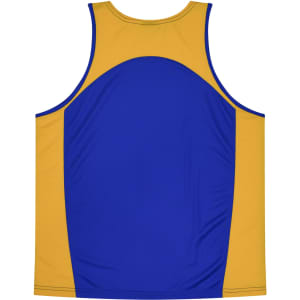 A blue and gold singlet featuring a contrasting design and a logo. Suitable for kids.