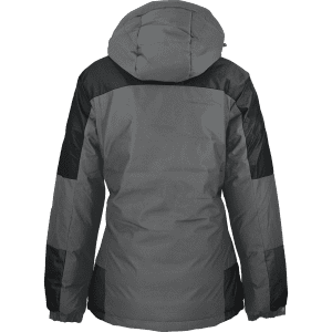 A jacket in grey with black accents, featuring a hood and a back view design. It has a logo.