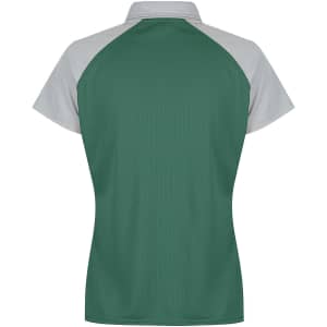 A green and grey polo shirt with a mesh design and a branded logo on the back.