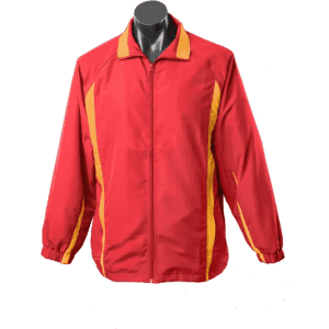 A red track jacket featuring yellow accents, with a front zipper and a logo on the chest.