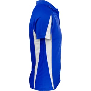 A blue polo shirt with white side panels and a collar, featuring a logo.