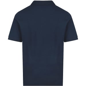 A navy polo shirt with a collar and short sleeves, featuring a branding logo. The back view is shown.
