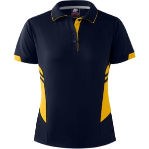 A navy blue and yellow women's polo shirt featuring a branded logo and a modern design.