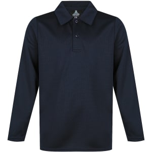 A long-sleeved navy polo shirt featuring a collar and buttons, with a logo on the chest. Ideal for casual wear.