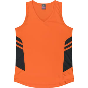 An orange singlet with black side panels and a v-neck design, featuring a logo on the label.