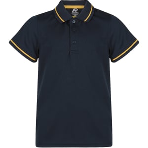 A navy polo shirt with yellow accents on the collar and sleeves, featuring a three-button placket and a logo.