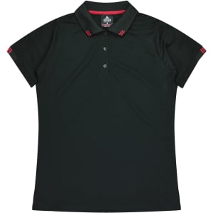 A dark green polo shirt featuring a collar and short sleeves, with red detailing and a logo.