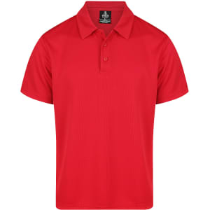 A red polo shirt with a classic collar and a logo on the chest area.
