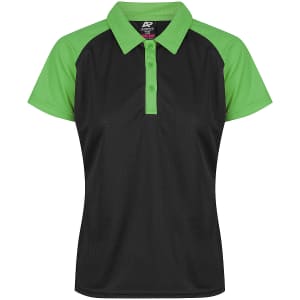 A black and green polo shirt featuring a collared neck, short sleeves, and a logo on the front.