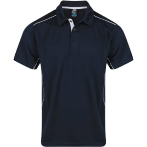 A navy polo shirt featuring white side stripes and a collar. It has a logo on the chest area.