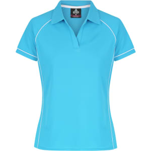 A turquoise polo shirt with white piping, featuring a collar and short sleeves, designed for women's wear.
