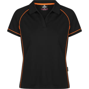 A black polo shirt featuring orange piping and a logo. It has a classic collar and short sleeves.