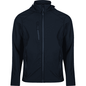 A navy jacket with a hood, featuring zippered pockets and a sleek design, includes a logo.