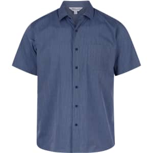 A short sleeve, button-up men's shirt in a deep blue colour with a chest pocket and a branded tag.