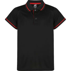 A black polo shirt with red accents, featuring a collar, short sleeves, and buttons. It has a logo on the tag.