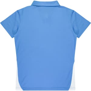 A blue polo shirt with short sleeves and a white side panel, featuring a collar and an unseen logo.