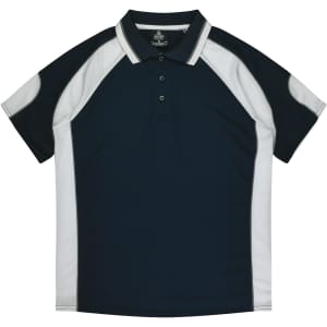 A navy and white polo shirt featuring a collar, short sleeves, and contrasting side panels. Includes a logo.