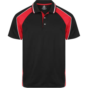 A black polo shirt with red accents and a logo. It features a collar, buttons, and a sporty design.