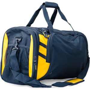 A duffle bag in navy blue and yellow, featuring multiple zippered compartments and a detachable shoulder strap.