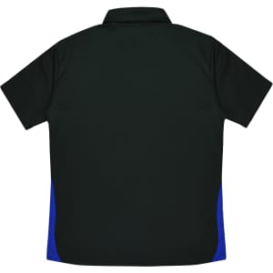 A black polo shirt with blue side panels and a collar, featuring a logo on the front.