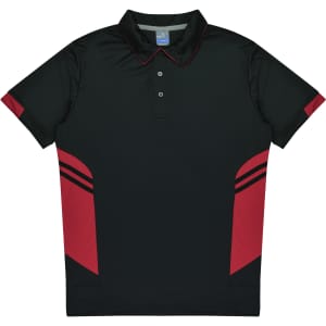 A black and red polo shirt with a collar and three-button placket, featuring a logo on the chest.