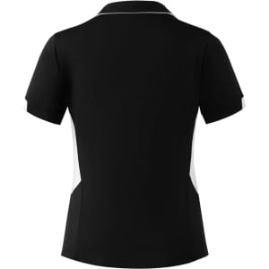 A black polo shirt featuring white side panels and a collar, designed for women with a logo.