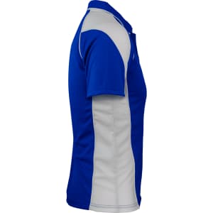 A side view of a blue and grey polo shirt featuring a logo. The design includes contrasting panels.