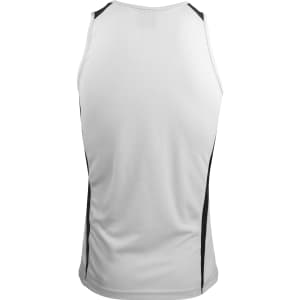 A white singlet with black side panels, featuring a logo on the back.