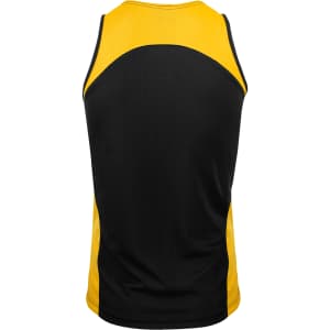 A sleeveless singlet featuring a black body with yellow accents, showcasing a sporty design and fitted style.