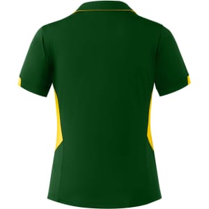 A green and yellow polo shirt with a collar and short sleeves, featuring a logo on the front.