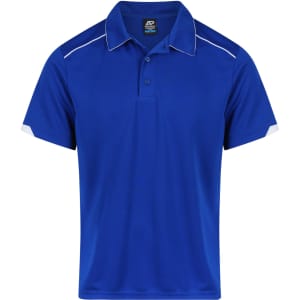 A blue polo shirt with white accents and a branded label on the collar.