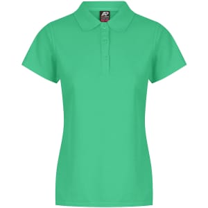 A green polo shirt with a classic collar and button placket. Features a branding logo.