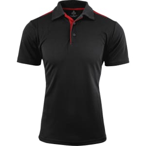 A black polo shirt with red accents, featuring a collar and button placket. Includes branding.