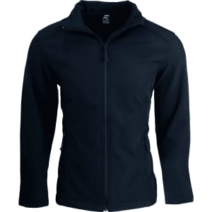 A navy soft shell jacket with a zip front, featuring two side pockets and a logo on the chest.