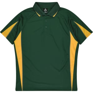 A green polo shirt with yellow side panels and a logo on the chest area.