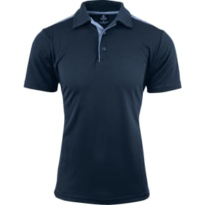 A navy blue polo shirt with light blue detailing and a logo on the chest.