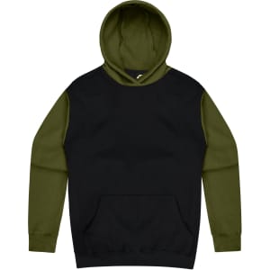 A green and black hoodie with a front pocket and a hood, featuring a logo on the upper area.