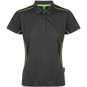 A black polo shirt with green accents, featuring a collar, buttons, and a logo on the label.