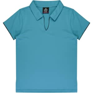 A turquoise polo shirt with a v-neck design and contrasting black detailing at the sleeves. It features a logo.