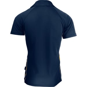 A navy blue polo shirt featuring side stripes, with a collar and short sleeves, displaying a logo on the side.
