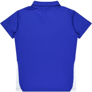 A blue polo shirt featuring short sleeves and a collar, with contrasting white side panels.