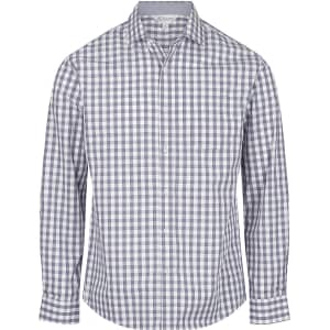 A long-sleeve button-up shirt featuring a blue and white check pattern, with a chest pocket and a logo.