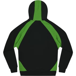 A black and green hoodie featuring a hood and contrast panelling on the back. It has a logo on the front.