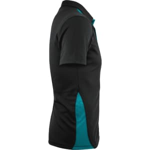 A black polo shirt with teal accents, featuring a collar and a logo on the side.