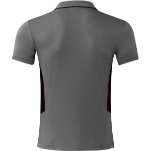 A grey polo shirt with black side panels and a collar, featuring a logo on the front.