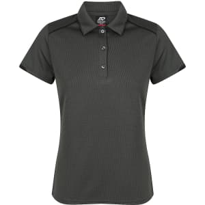 A dark green polo shirt featuring a collar, three buttons, and a logo on the chest.