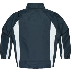 A dark green tracktop with white side panels, featuring a high collar and long sleeves.