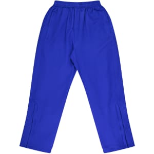 Blue children's trackpants with an elastic waistband and side pockets, featuring a logo.