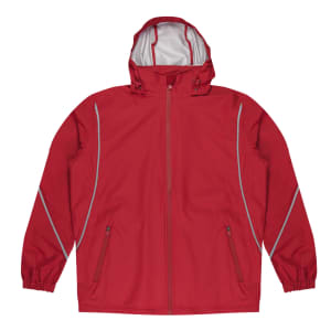 A red jacket with a hood, featuring reflective detailing and two zippered pockets. It has an attached hood.